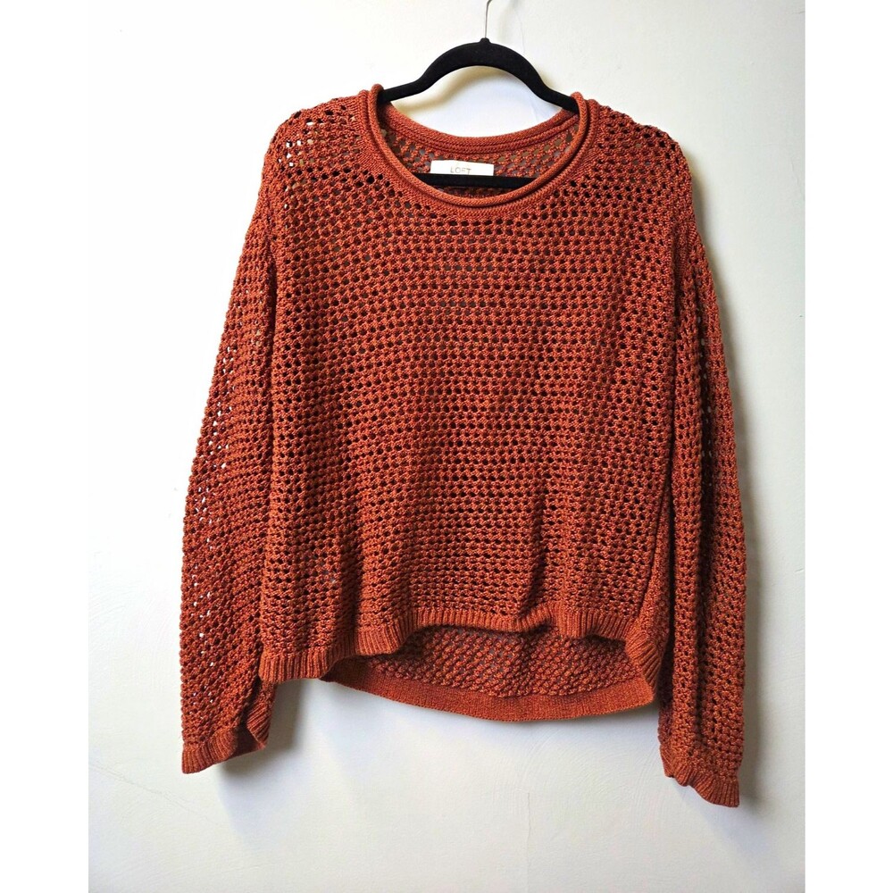 Loft Womens Brown Open-Knit Crochet Crewneck Pullover Sweater Long Sleeve S